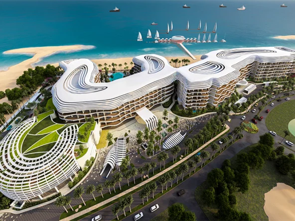 Aerial view of Al Mouj Muscat coastline and marina.