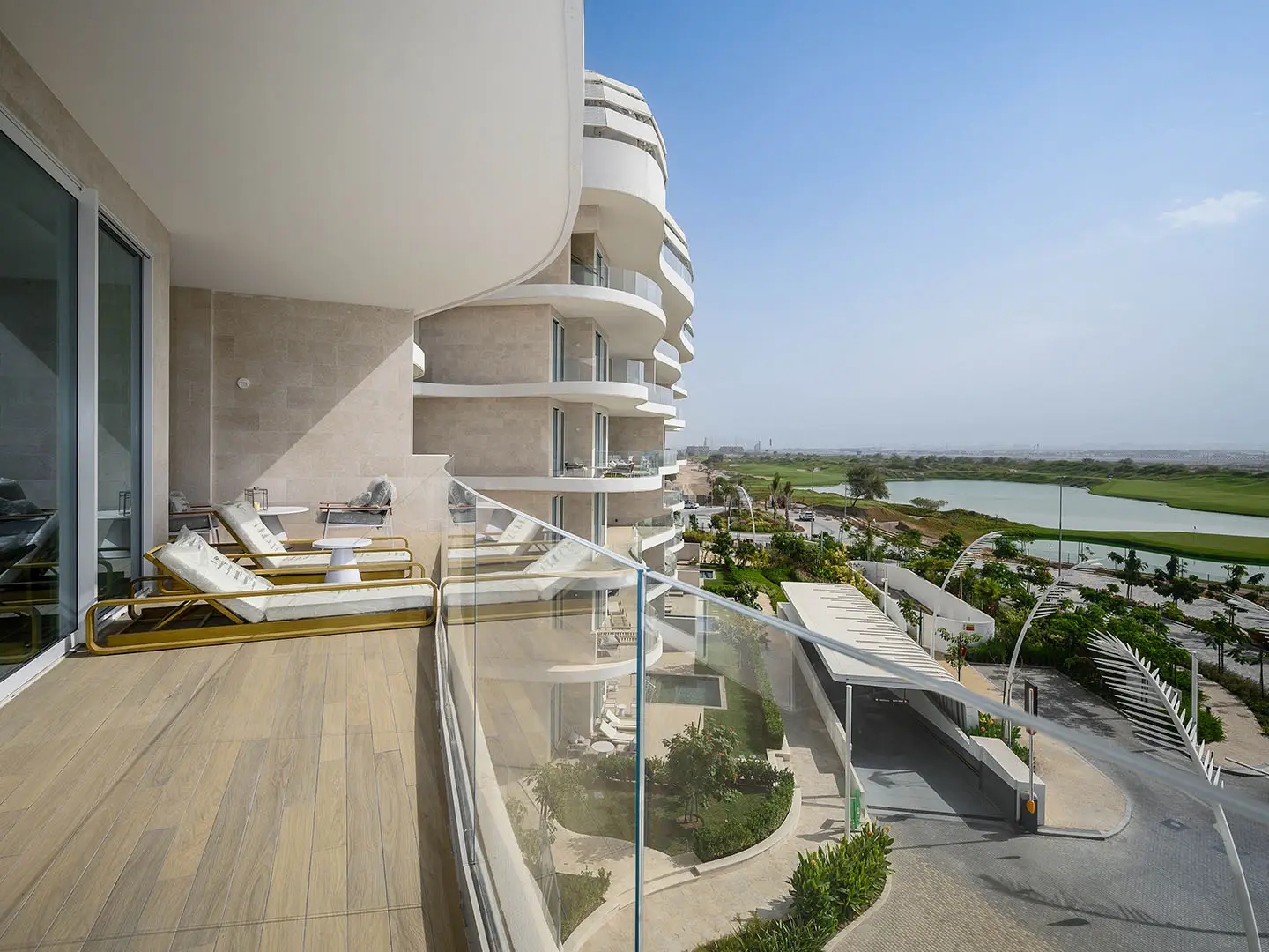 Peaceful lake view from a sleek modern balcony