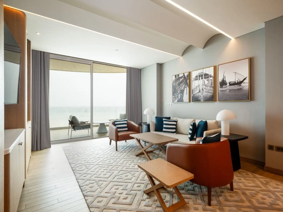 Modern living room with balcony and outdoor view