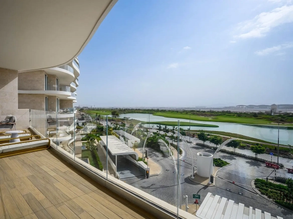 Modern balcony with elegant lakefront exterior view