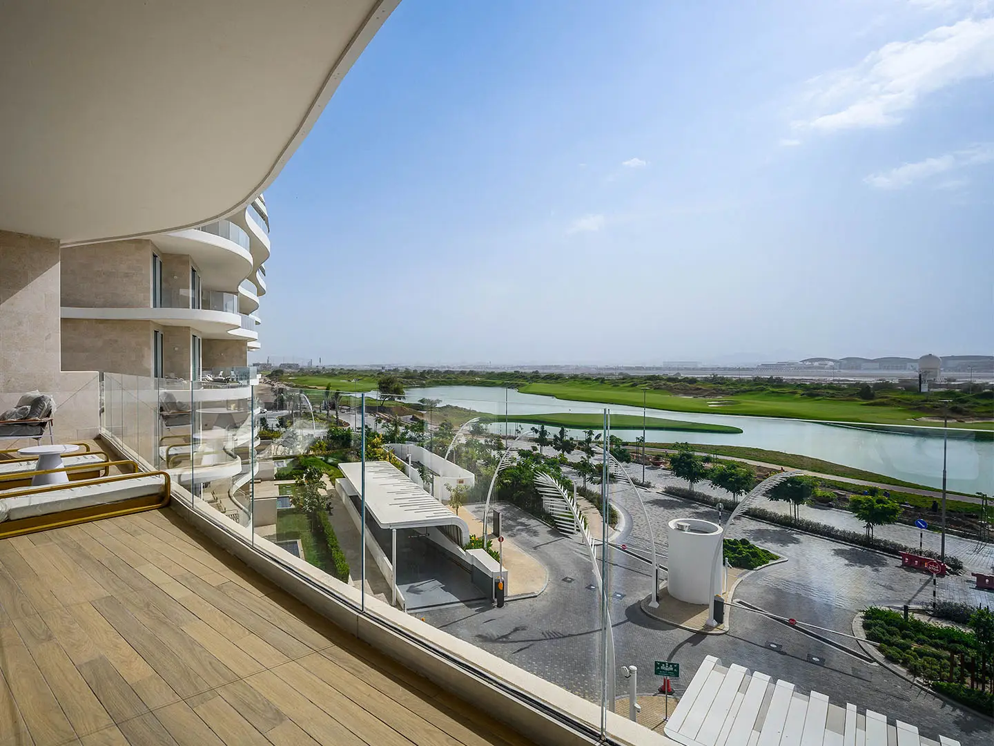 Modern balcony with elegant lakefront exterior view